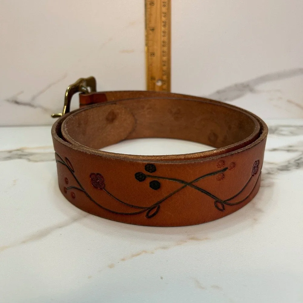 Lauren Ralph Lauren Brown Leather Floral Tooled Belt Solid Brass Buckle Medium